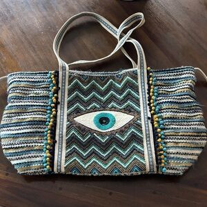 Embroidered Evil Eye Beaded Chevron Tote Bag -